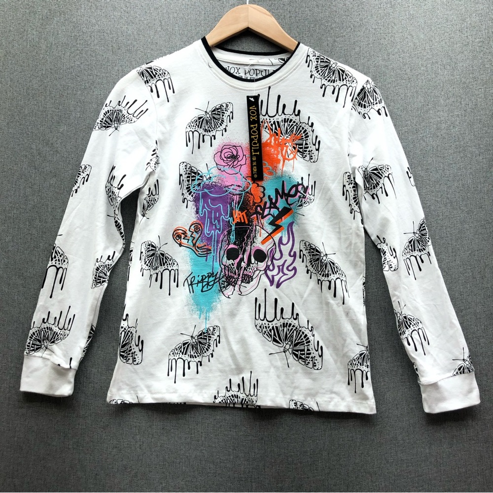 Vox Populi for the People Skull and Butterfly Graphic Pullover Longsleeves Tees